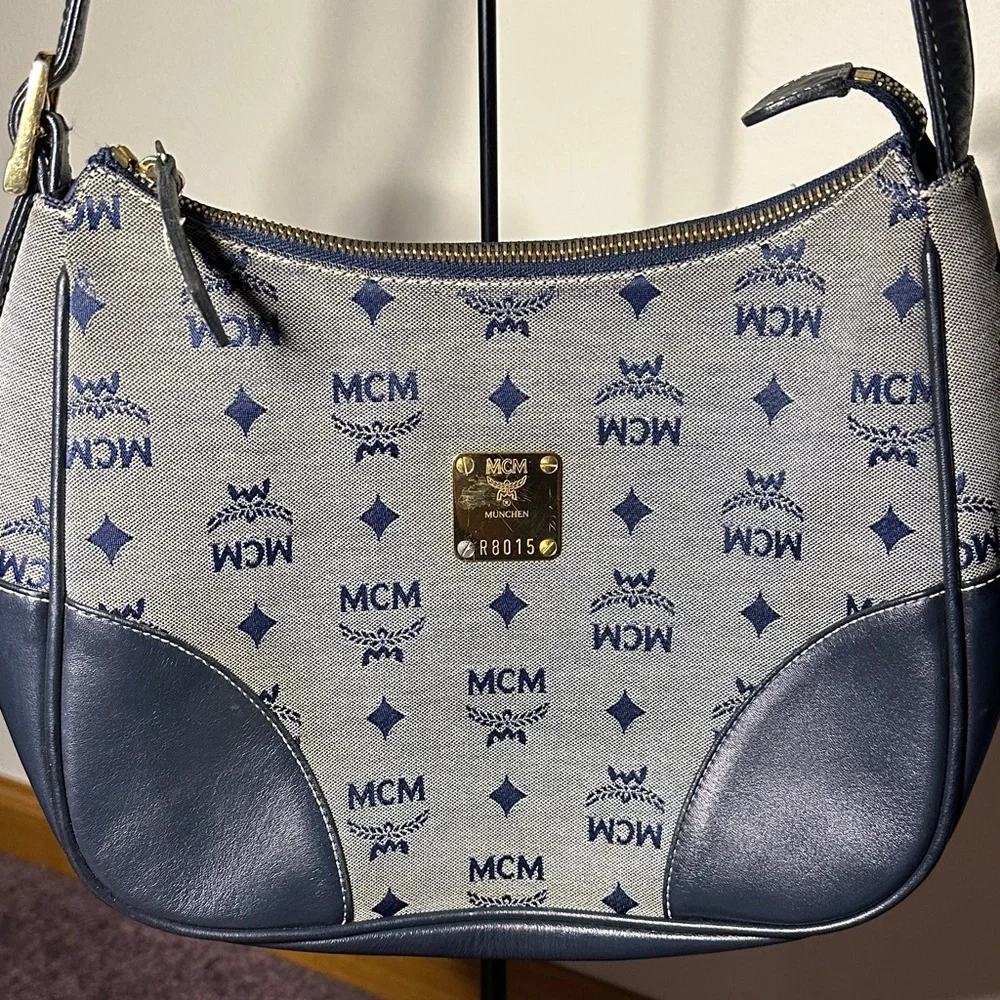 MCM Navy and Gray Monogram Shoulder Bag Leather & Denim w Dust Bag - Picture 2 of 8
